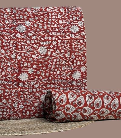 Red Bagru floral print top with matching red leaf motif print bottom.