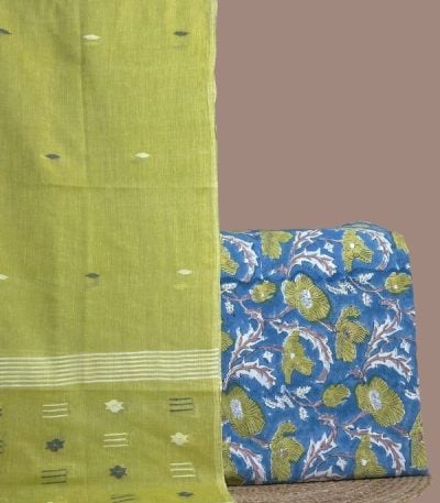 Blue floral blockprint soft cotton top with green blooms