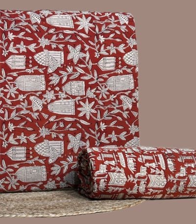 Red Bagru birdcage print top with matching red motif print bottom.