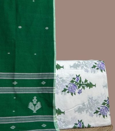 White floral blockprint soft cotton top with purple blooms