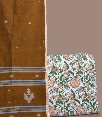 White floral blockprint soft cotton top with peach blooms