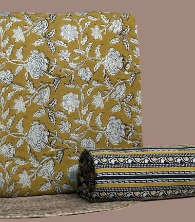 Mustard Bagru floral print top with matching black and mustard striped print bottom.