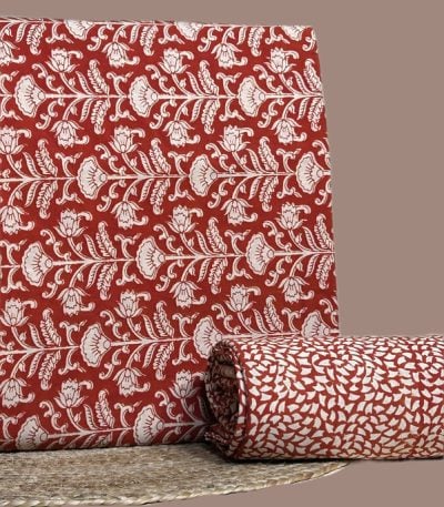 Red Bagru floral print top with matching red and white petal print bottom.