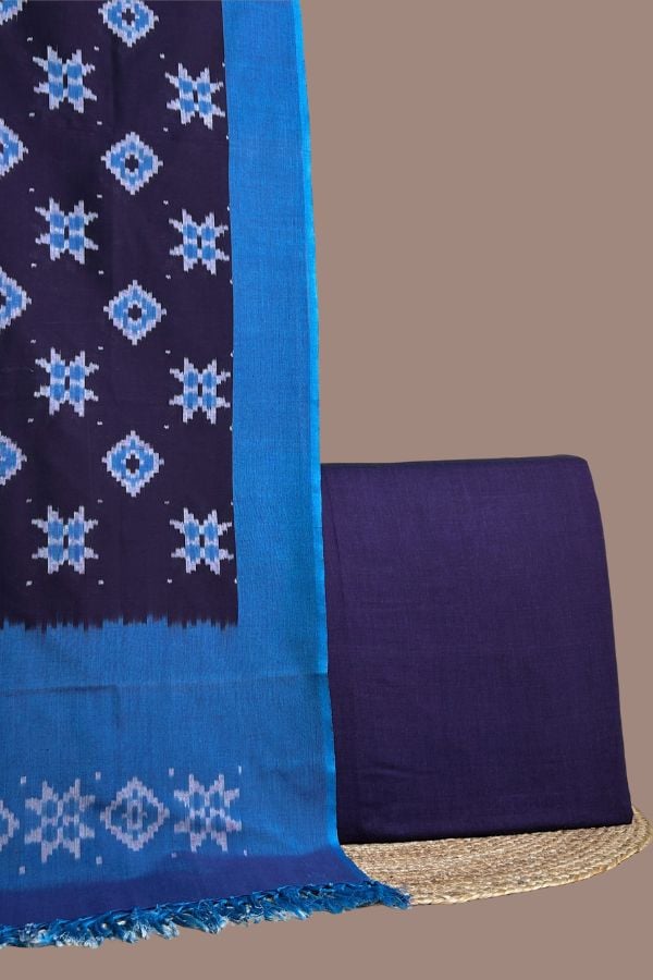 Purple - 2pc Ikkat Dupatta and Handloom Cotton Top Fabric Set Deep purple handloom cotton top