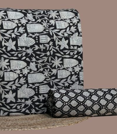 Black and white Bagru birdcage print top with matching black leaf trellis print bottom.