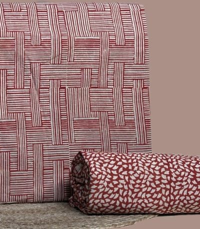 Red and white Bagru basketweave print top with matching red petal print bottom.
