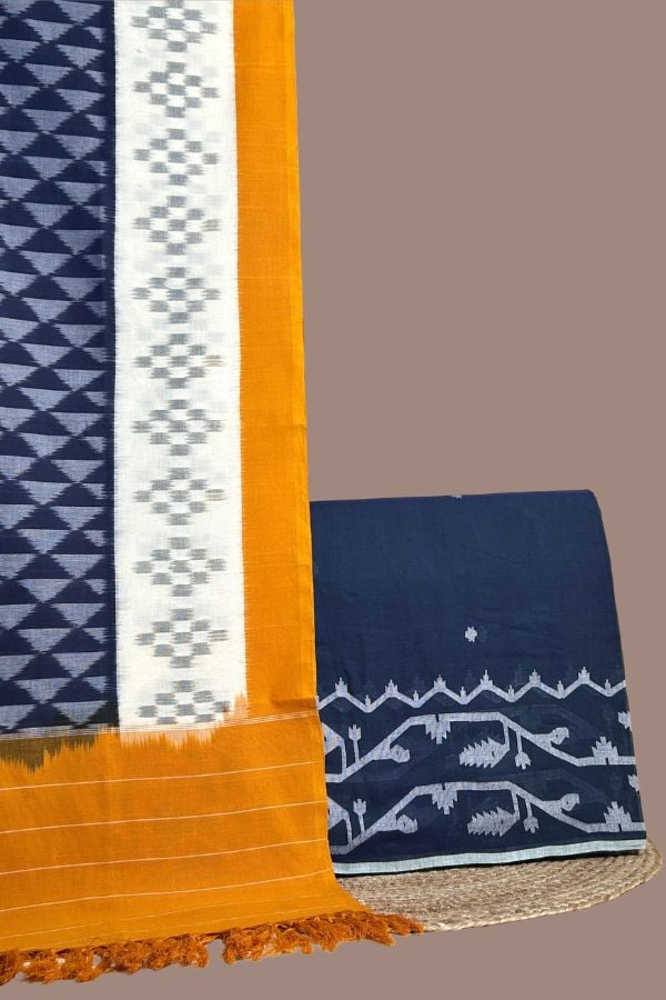 Blue - 2pc Ikkat Dupatta and Handloom Jamdani Top Fabric Set Navy handloom top with woven jamdani border