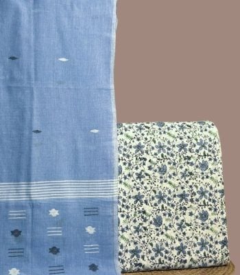 White floral blockprint soft cotton top with blue blooms