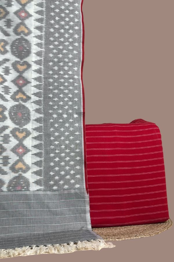 Red - 2pc Ikkat Dupatta and Handloom Stripes Top Fabric Set Red handloom striped top