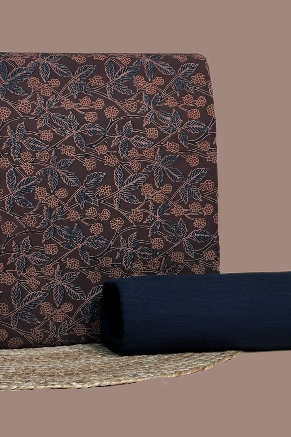 Brown - 2pc Ajrakh Top and Solid Bottom Fabric Set Brown Ajrakh print top with navy leaf vines