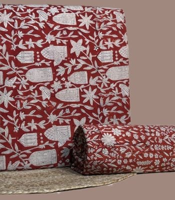 Red Bagru birdcage print top with matching red floral print bottom.