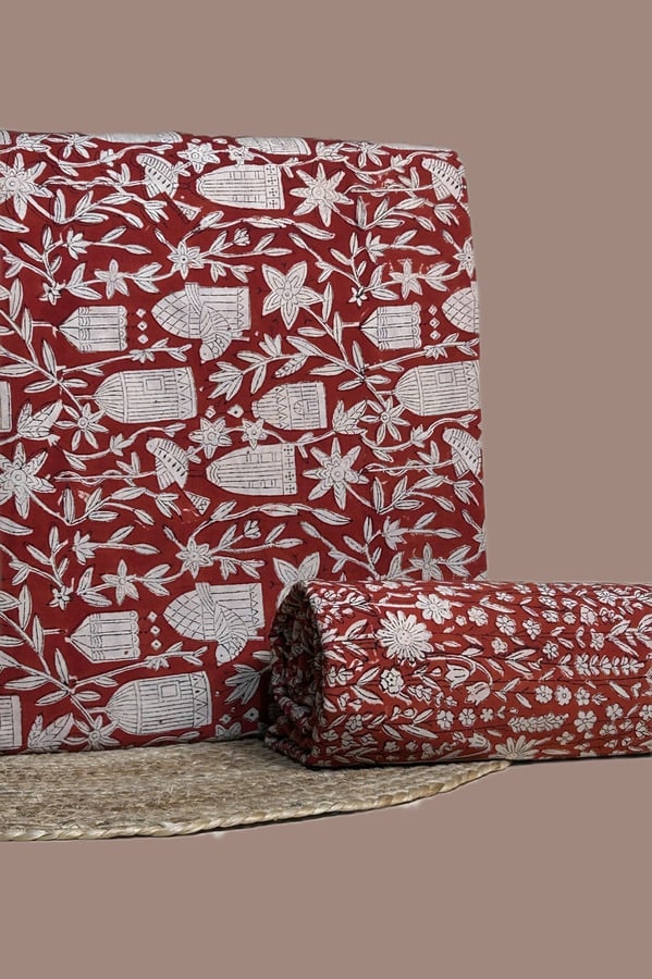 Red - 2pc Bagru Print Top and Bottom Fabric Set Red Bagru birdcage print top with matching red floral print bottom.