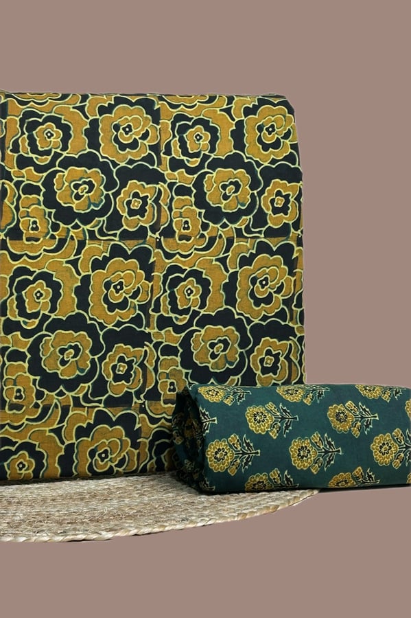 Green - 2pc Ajrakh Top and Bottom Fabric Set Mustard and black Ajrakh floral top