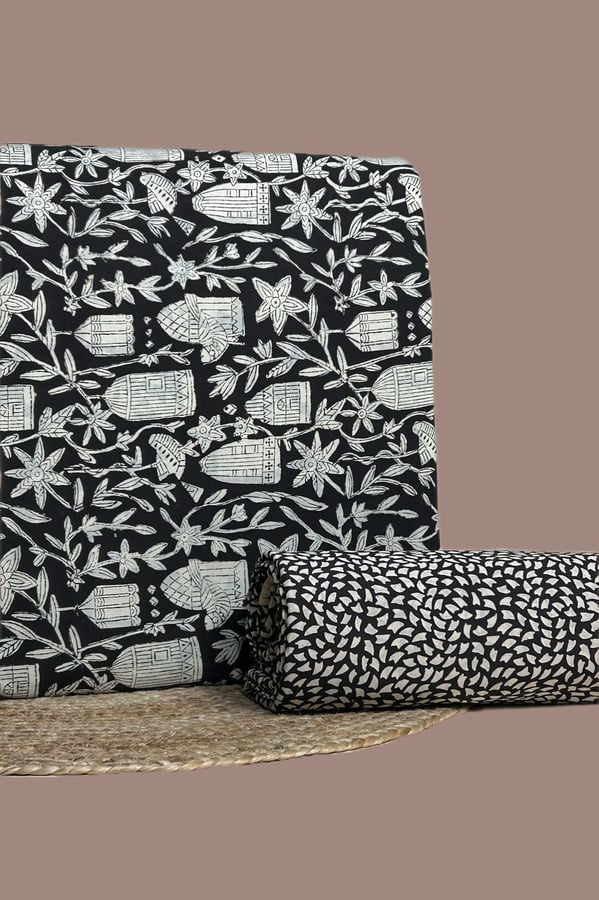 Black - 2pc Bagru Print Top and Bottom Fabric Set Black Bagru birdcage print top with matching black petal print bottom.