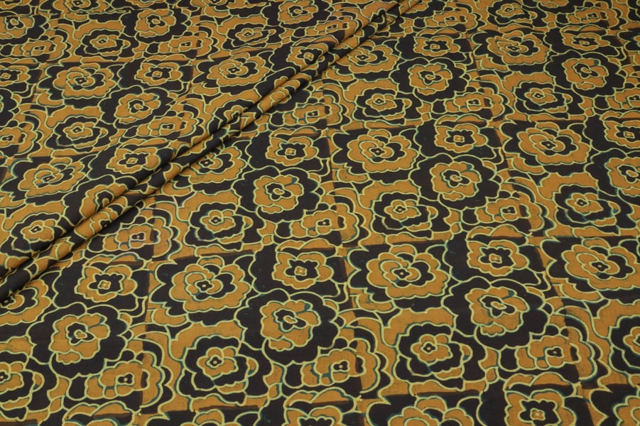 Mustard Black Rose Jaal Ajrakh Pure Soft Cotton HandCrafted Fabric Authentic Natural Dye