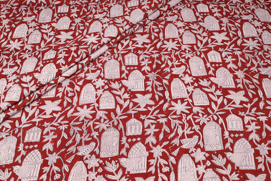 Red Bird Floral Jaal Pure Cotton Bagru Handblock Printed Fabric Authentic Bagru Handblock Printed Pure Soft Cotton Fabric