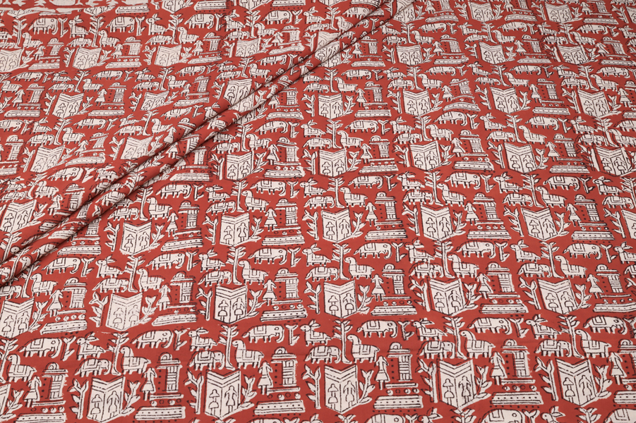 Rust Red Folk Animal Jaal Pure Cotton Bagru Handblock Printed Fabric Authentic Bagru Handblock Printed Pure Soft Cotton Fabric