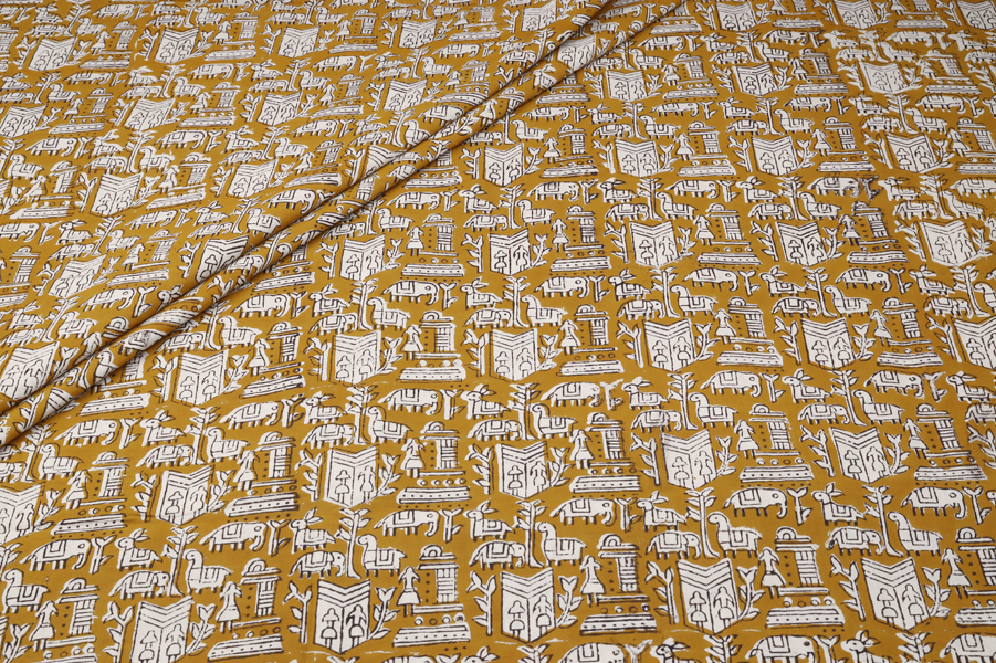 Mustard Folk Animal Jaal Pure Cotton Bagru Handblock Printed Fabric Authentic Bagru Handblock Printed Pure Soft Cotton Fabric