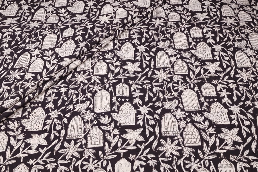 Black Bird Floral Jaal Pure Cotton Bagru Handblock Printed Fabric Authentic Bagru Handblock Printed Pure Soft Cotton Fabric