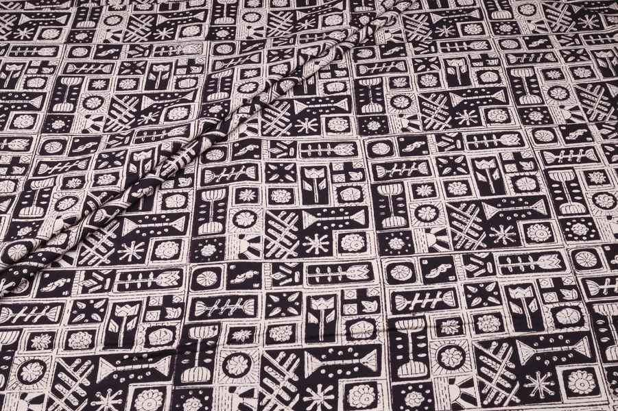 Black Folk Tile Motif Pure Cotton Bagru Handblock Printed Fabric Authentic Bagru Handblock Printed Pure Soft Cotton Fabric