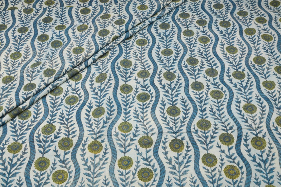 Ivory Indigo Flower Wave Stripe Pure Cotton Bagru Handblock Printed Fabric Authentic Bagru Handblock Printed Pure Soft Cotton Fabric