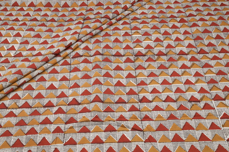 Red Mustard Triangle Stripe Pure Cotton Bagru Handblock Printed Fabric Authentic Bagru Handblock Printed Pure Soft Cotton Fabric