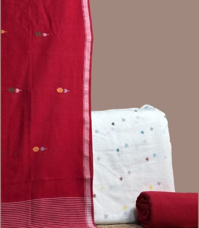 White jamdani woven top with multicolour hearts