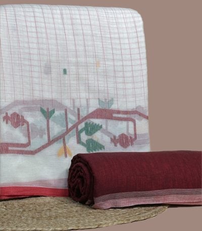 White checked top with multicolour jamdani woven border