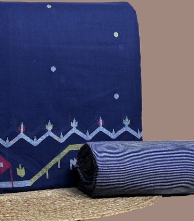 Blue jamdani top with zigzag woven border and butis