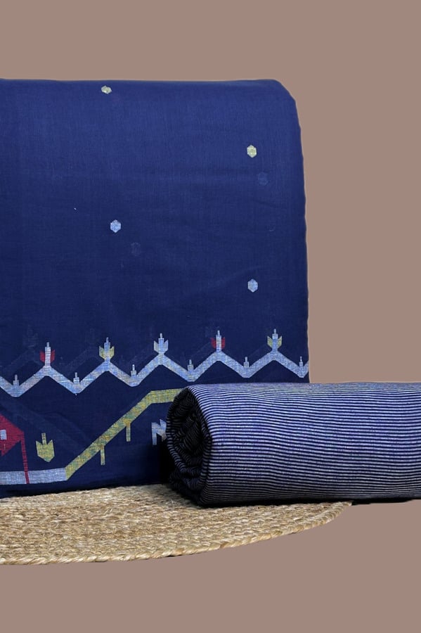 Blue - 2pc Jamdani Intricate Woven Top and Handloom Stripes Bottom Fabric Set Blue jamdani top with zigzag woven border and butis
