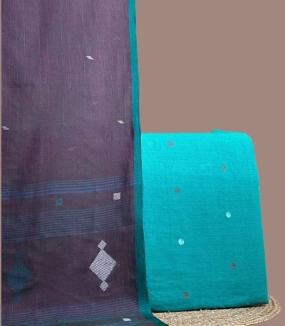 Teal jamdani woven buti top paired with wine handloom dupatta with jamdani motifs.