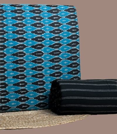 Blue and black ikkat top paired with black handloom striped bottom.