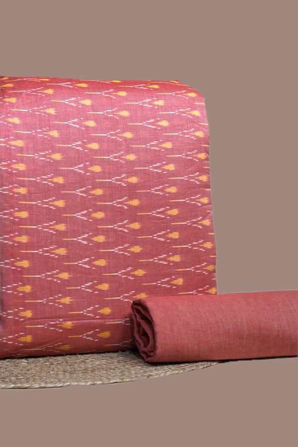 Red - 2pc Ikkat Top and Handloom Solid Bottom Fabric Set Red ikkat top with yellow arrow motifs