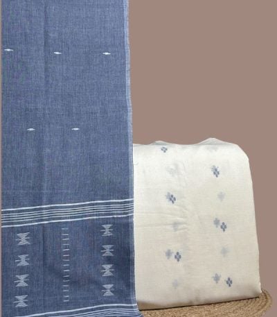 White jamdani woven top with blue butis