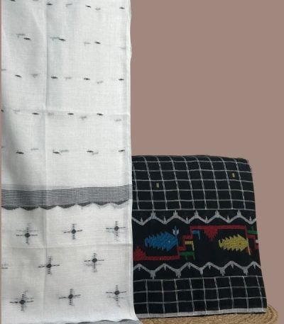 Black checked top with colourful fish jamdani border