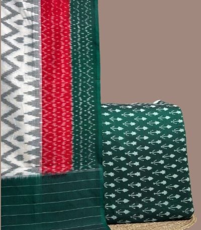 Green ikkat top paired with multi-panel white