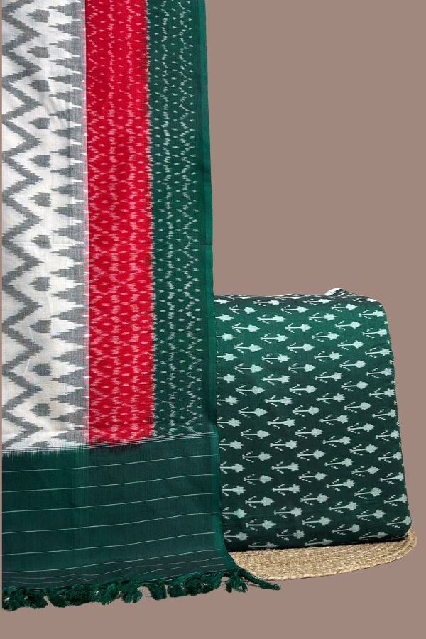 Green - 2pc Ikkat Dupatta and Ikkat Top Fabric Set Green ikkat top paired with multi-panel white