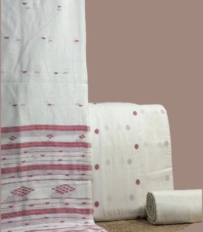 White jamdani woven top with pink butis