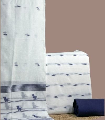 White jamdani woven top with blue chevrons