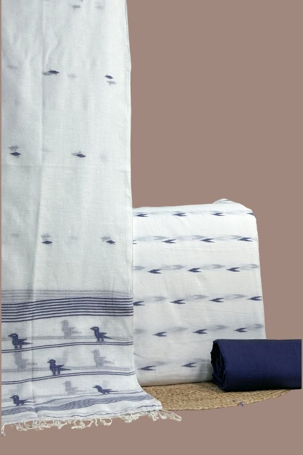 White - 3pc Handloom Dupatta with Jamdani Woven Top & Handloom Solid Bottom Set White jamdani woven top with blue chevrons