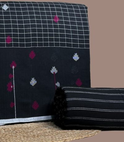 Black checked jamdani woven top with pink butis