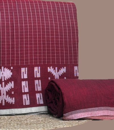 Red checked top with white jamdani woven border