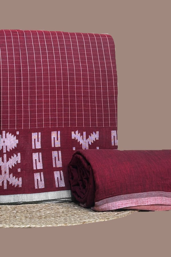 Red checked top with white jamdani woven border