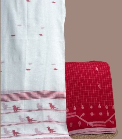 Red checked top with jamdani woven border