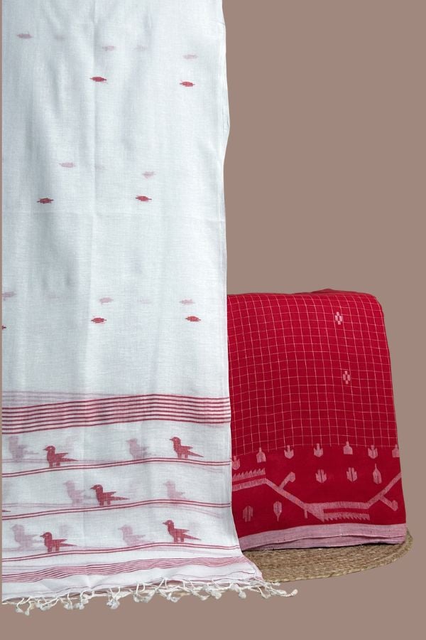 Red checked top with jamdani woven border
