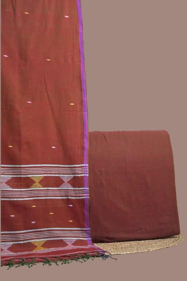 Red - 2pc Handloom Dupatta and Plain Handloom Top Fabric Set Red plain handloom top paired with red jamdani dupatta with multicolour butis.
