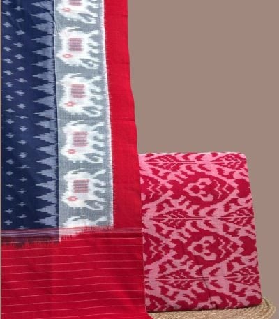 Red ikkat top paired with blue ikkat dupatta featuring elephant motif panel and red border.