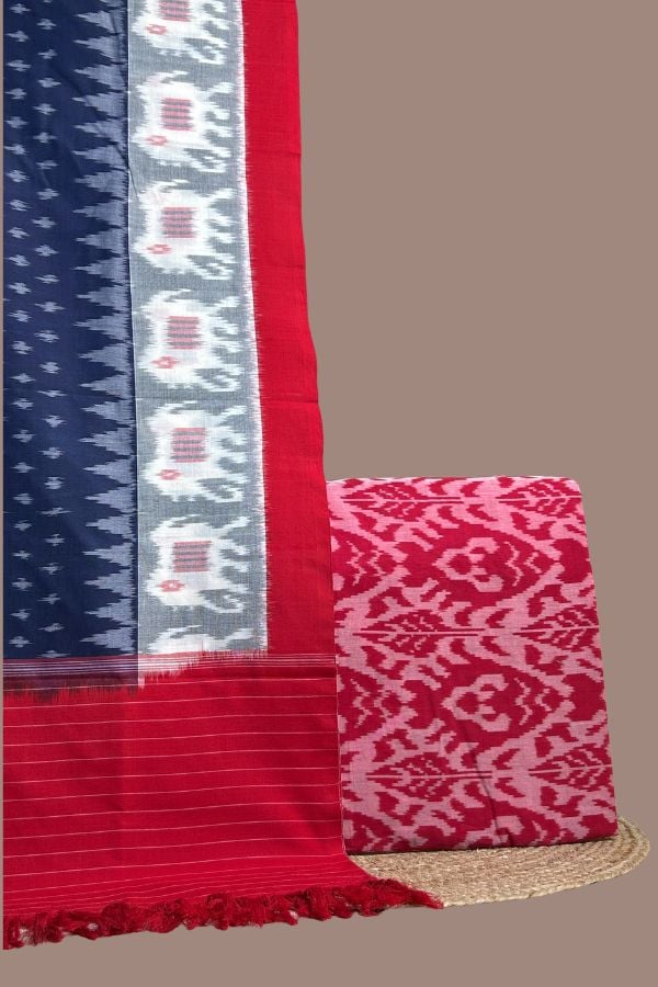Red - 2pc Ikkat Dupatta and Ikkat Top Fabric Set Red ikkat top paired with blue ikkat dupatta featuring elephant motif panel and red border.