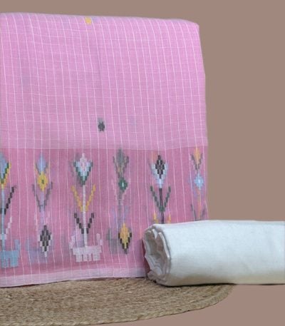 Pink checked top with multicolour jamdani woven border