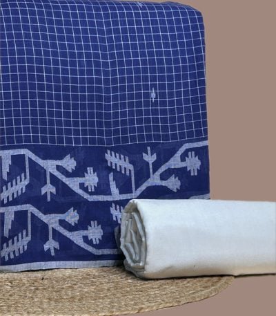 Blue checked top with white jamdani woven border